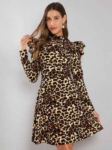 Women's Stand Collar Long Sleeve Leopard Print Casual Mini Dress