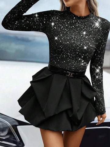 Women's Stand Collar Long Sleeve Solid Color Patchwork Simple Casual Short Dress