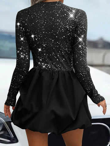 Women's Stand Collar Long Sleeve Solid Color Patchwork Simple Casual Short Dress