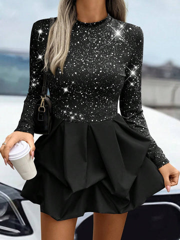 Women's Stand Collar Long Sleeve Solid Color Patchwork Simple Casual Short Dress