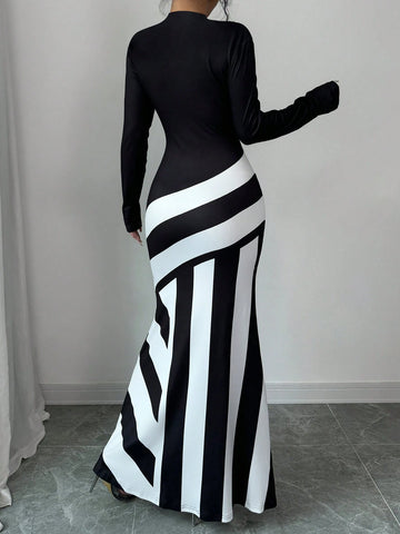 Women's Stand Collar Long Sleeve Solid Color Patchwork Slim Fit Dress