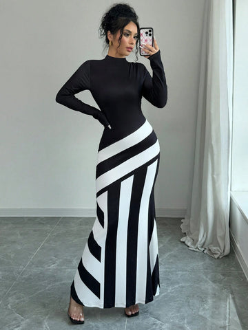 Women's Stand Collar Long Sleeve Solid Color Patchwork Slim Fit Dress