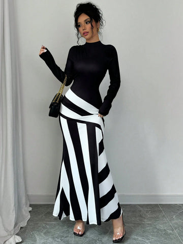 Women's Stand Collar Long Sleeve Solid Color Patchwork Slim Fit Dress