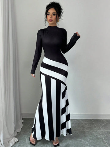 Women's Stand Collar Long Sleeve Solid Color Patchwork Slim Fit Dress