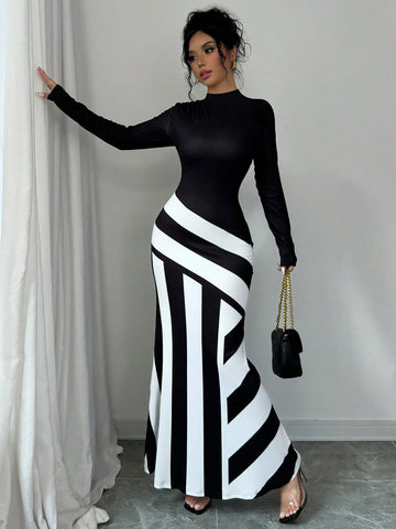 Women's Stand Collar Long Sleeve Solid Color Patchwork Slim Fit Dress