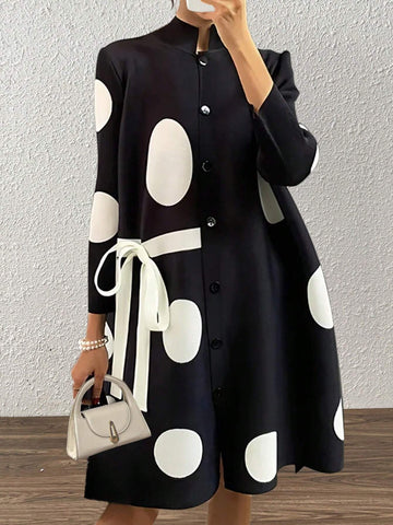 Women's Stand Collar Polka Dot Tie-Up Button Design Dress