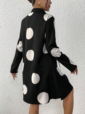 Women's Stand Collar Polka Dot Tie-Up Button Design Dress