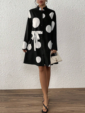Women's Stand Collar Polka Dot Tie-Up Button Design Dress