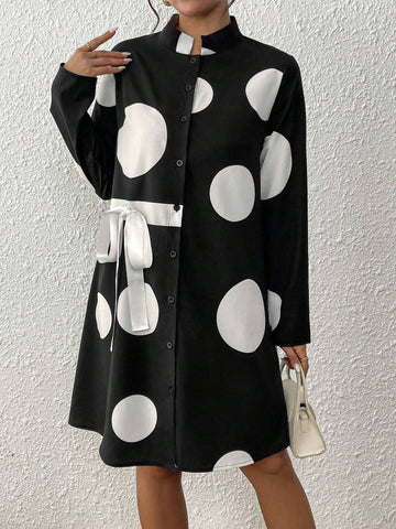 Women's Stand Collar Polka Dot Tie-Up Button Design Dress