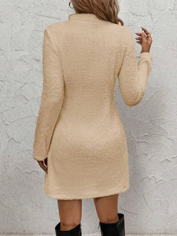 Women's Stand Collar Zip Up Faux Fur Mini Dress With Front Pockets, Fitted Silhouette, Warm And