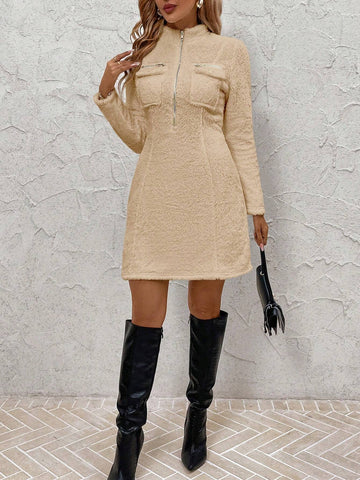 Women's Stand Collar Zip Up Faux Fur Mini Dress With Front Pockets, Fitted Silhouette, Warm And