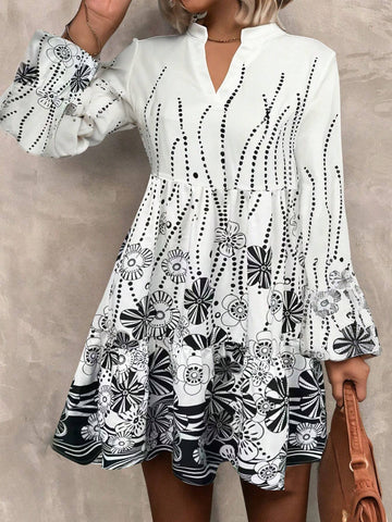 Women's Standard Size V-Neck Puff Sleeve Printed Casual Chic Long Sleeve Dress