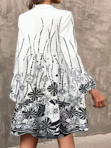 Women's Standard Size V-Neck Puff Sleeve Printed Casual Chic Long Sleeve Dress