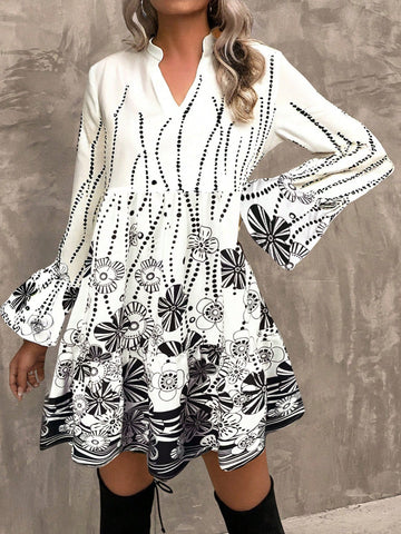 Women's Standard Size V-Neck Puff Sleeve Printed Casual Chic Long Sleeve Dress