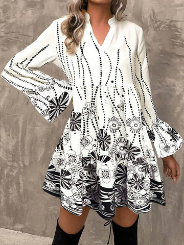 Women's Standard Size V-Neck Puff Sleeve Printed Casual Chic Long Sleeve Dress