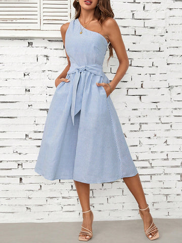 Women's Striped Asymmetrical Collar Sleeveless Dress