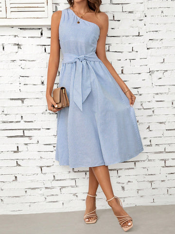 Women's Striped Asymmetrical Collar Sleeveless Dress