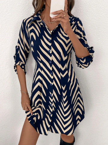 Women's Striped Cinched Waist Sleeveless Shirt Dress With Buttoned Placket And Flared Hem, Blue
