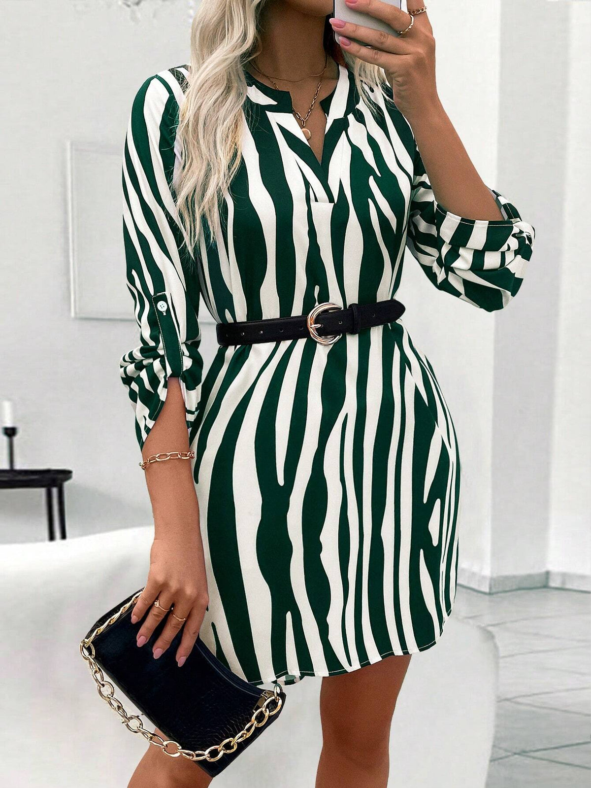 Women's Striped Rolled Sleeve V-Neck Casual Mini Dress, Autumn