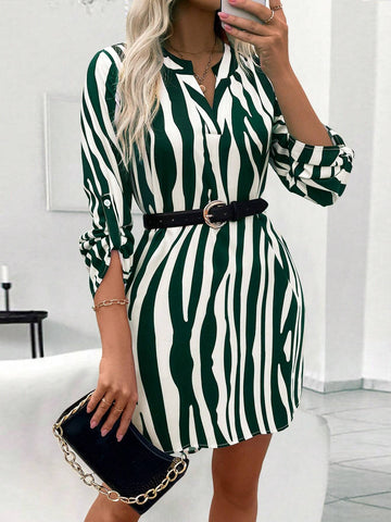 Women's Striped Rolled Sleeve V-Neck Casual Mini Dress, Autumn