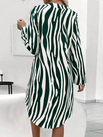 Women's Striped Rolled Sleeve V-Neck Casual Mini Dress, Autumn