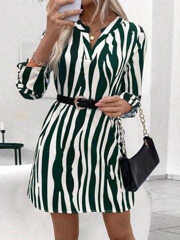 Women's Striped Rolled Sleeve V-Neck Casual Mini Dress, Autumn