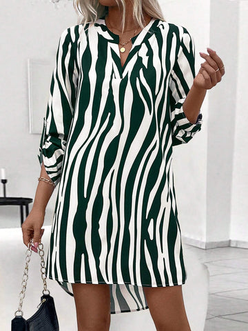 Women's Striped Rolled Sleeve V-Neck Casual Mini Dress, Autumn