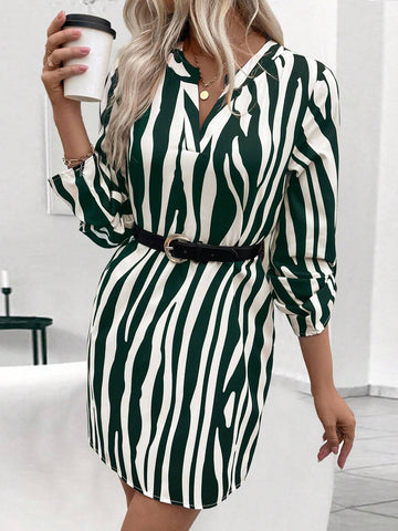 Women's Striped Rolled Sleeve V-Neck Casual Mini Dress, Autumn