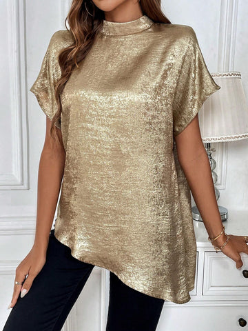 Clasi Women's Summer Batwing Short-Sleeved Loose Shirt With Metallic Texture Stand Collar