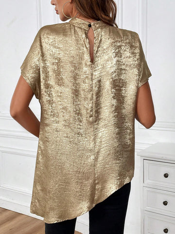 Clasi Women's Summer Batwing Short-Sleeved Loose Shirt With Metallic Texture Stand Collar