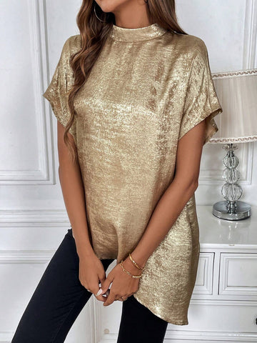 Clasi Women's Summer Batwing Short-Sleeved Loose Shirt With Metallic Texture Stand Collar