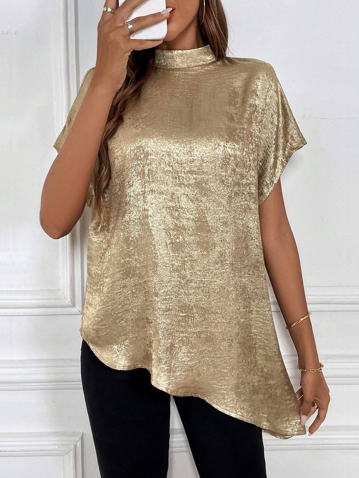 Clasi Women's Summer Batwing Short-Sleeved Loose Shirt With Metallic Texture Stand Collar