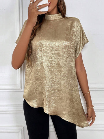 Clasi Women's Summer Batwing Short-Sleeved Loose Shirt With Metallic Texture Stand Collar