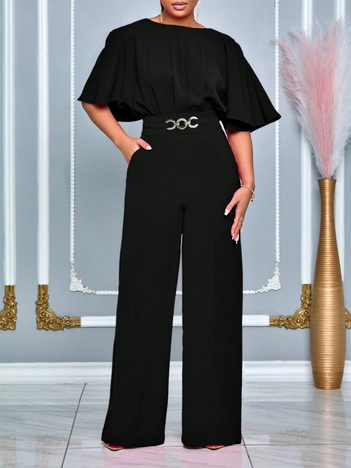 Women's Summer Batwing Sleeve Elastic Waist Long Elegant Jumpsuit With Metallic Details