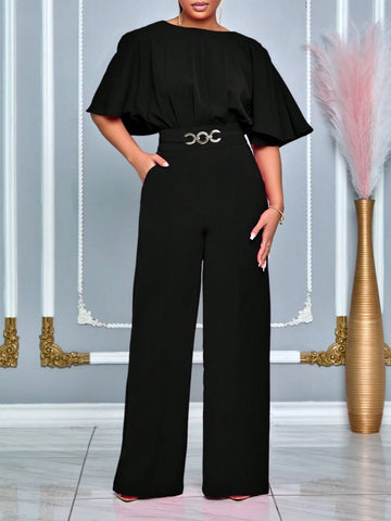 Women's Summer Batwing Sleeve Elastic Waist Long Elegant Jumpsuit With Metallic Details