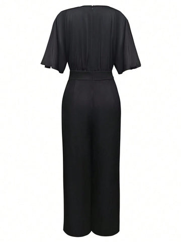 Women's Summer Batwing Sleeve Elastic Waist Long Elegant Jumpsuit With Metallic Details