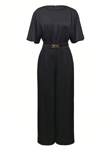 Women's Summer Batwing Sleeve Elastic Waist Long Elegant Jumpsuit With Metallic Details