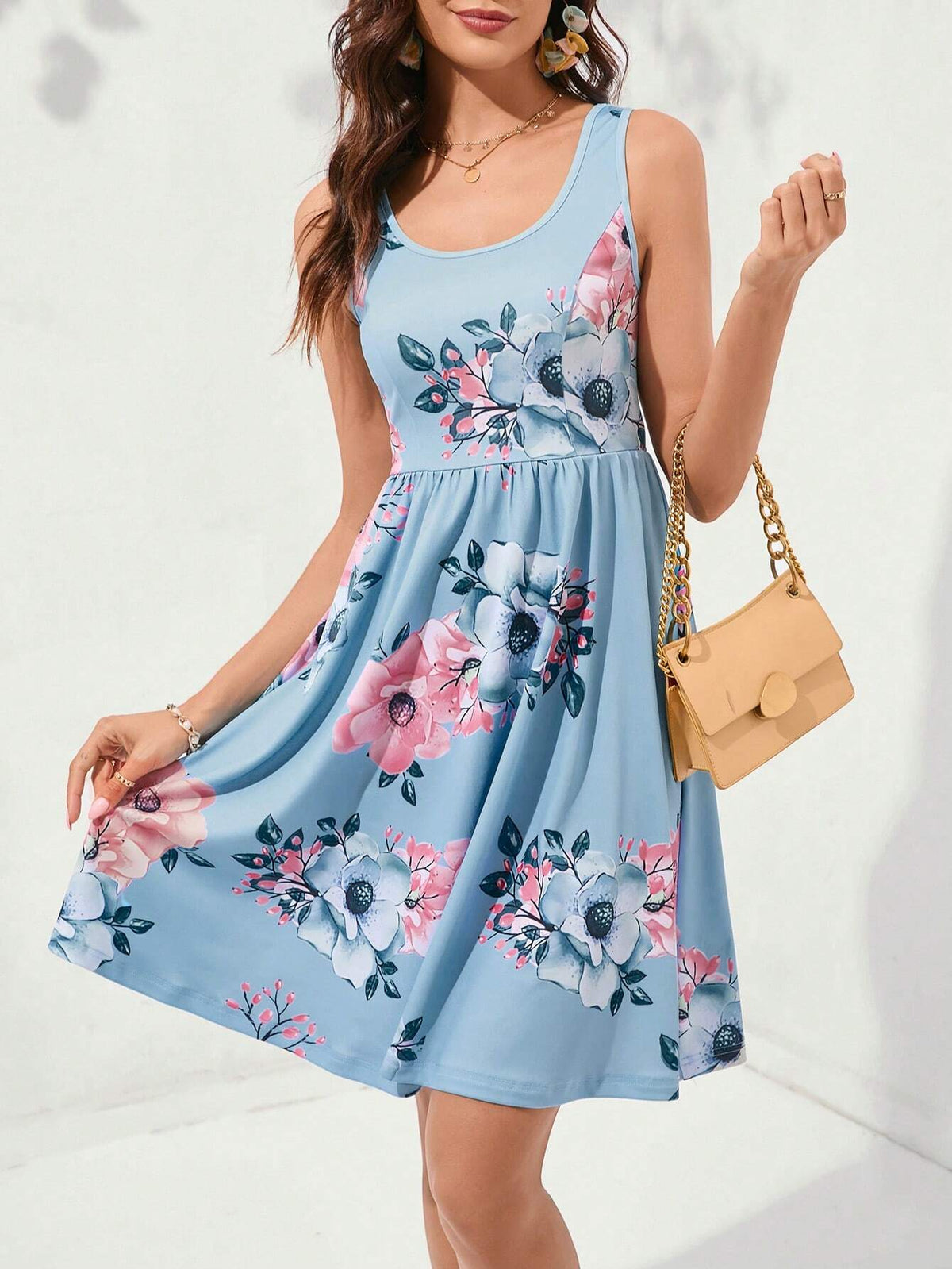 Women's Summer Casual Floral Printed Sleeveless Waist Cinched Dress