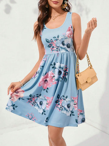 Women's Summer Casual Floral Printed Sleeveless Waist Cinched Dress