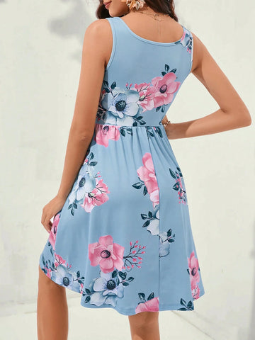 Women's Summer Casual Floral Printed Sleeveless Waist Cinched Dress