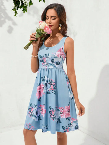 Women's Summer Casual Floral Printed Sleeveless Waist Cinched Dress