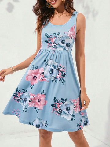 Women's Summer Casual Floral Printed Sleeveless Waist Cinched Dress