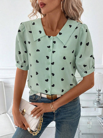 Clasi Women's Summer Casual Green Base Black Heart Printed Puff Sleeve Shirt