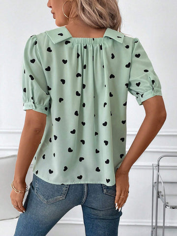 Clasi Women's Summer Casual Green Base Black Heart Printed Puff Sleeve Shirt