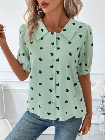 Clasi Women's Summer Casual Green Base Black Heart Printed Puff Sleeve Shirt