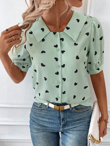 Clasi Women's Summer Casual Green Base Black Heart Printed Puff Sleeve Shirt