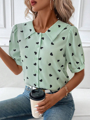Clasi Women's Summer Casual Green Base Black Heart Printed Puff Sleeve Shirt