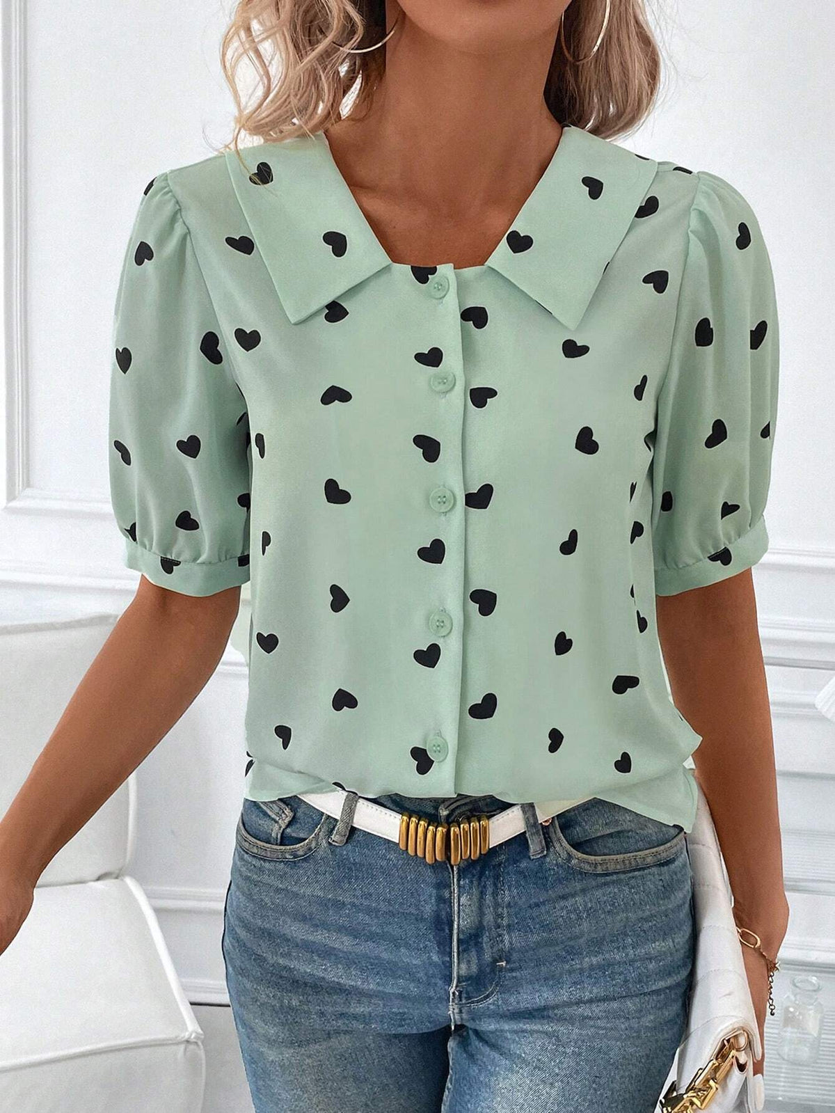 Clasi Women's Summer Casual Green Base Black Heart Printed Puff Sleeve Shirt