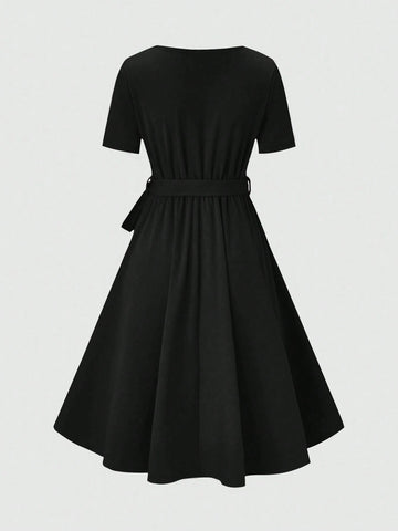 Women's Summer Casual Solid Color Short Sleeve Cinched Waist Dress