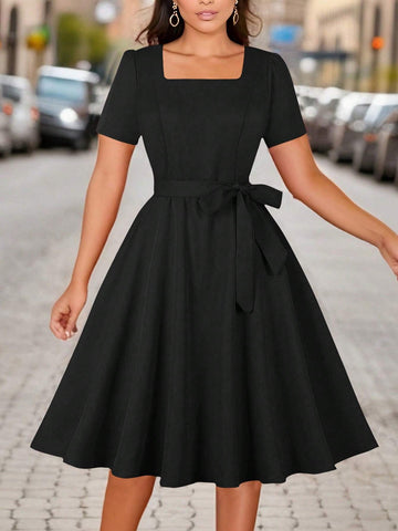 Women's Summer Casual Solid Color Short Sleeve Cinched Waist Dress